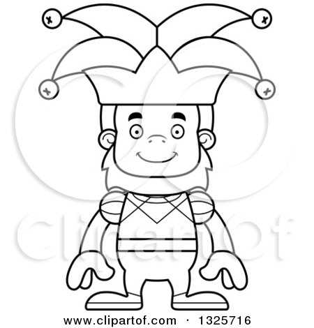 Lineart Clipart of a Cartoon Blcak and White Happy Bigfoot Jester - Royalty Free Outline Vector Illustration by Cory Thoman