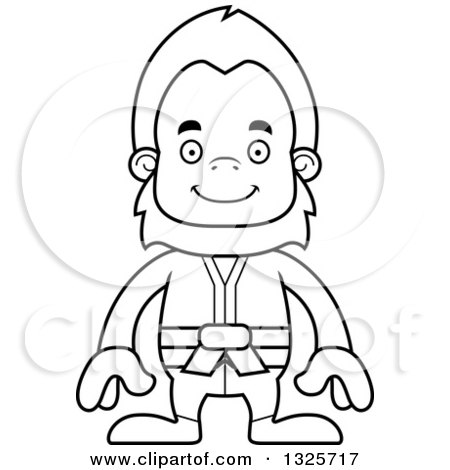 Lineart Clipart of a Cartoon Blcak and White Happy Karate Bigfoot - Royalty Free Outline Vector Illustration by Cory Thoman