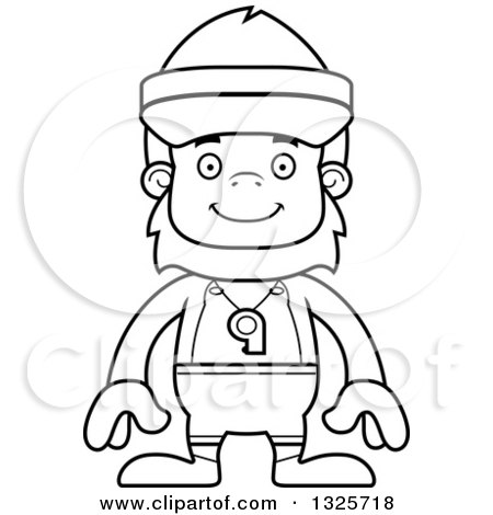 Lineart Clipart of a Cartoon Blcak and White Happy Bigfoot Lifeguard - Royalty Free Outline Vector Illustration by Cory Thoman