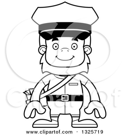 Lineart Clipart of a Cartoon Blcak and White Happy Bigfoot Mailman - Royalty Free Outline Vector Illustration by Cory Thoman