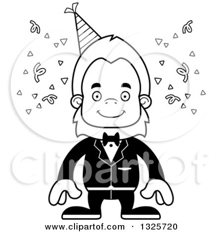 Lineart Clipart of a Cartoon Blcak and White Happy Party Bigfoot - Royalty Free Outline Vector Illustration by Cory Thoman
