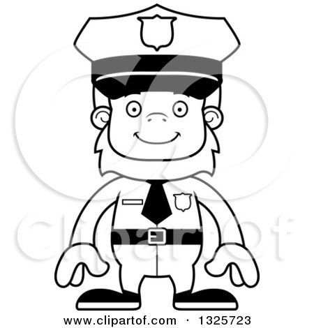 Lineart Clipart of a Cartoon Blcak and White Happy Bigfoot Police Officer - Royalty Free Outline Vector Illustration by Cory Thoman