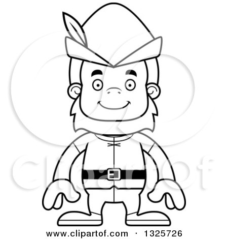 Lineart Clipart of a Cartoon Blcak and White Happy Robin Hood Bigfoot - Royalty Free Outline Vector Illustration by Cory Thoman