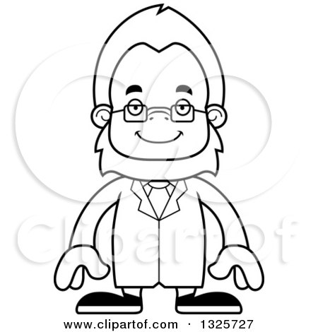 Lineart Clipart of a Cartoon Blcak and White Happy Bigfoot Scientist - Royalty Free Outline Vector Illustration by Cory Thoman