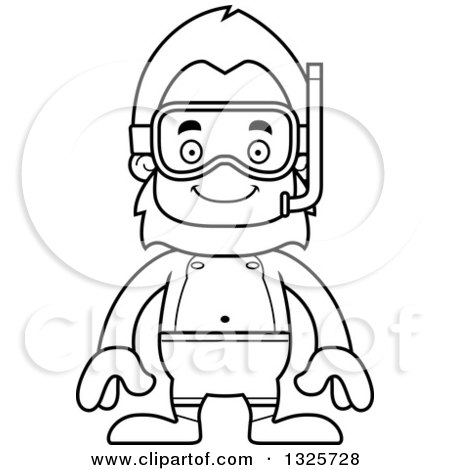 Lineart Clipart of a Cartoon Blcak and White Happy Bigfoot in Snorkel Gear - Royalty Free Outline Vector Illustration by Cory Thoman