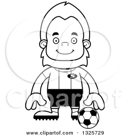 Lineart Clipart of a Cartoon Blcak and White Happy Bigfoot Soccer Player - Royalty Free Outline Vector Illustration by Cory Thoman