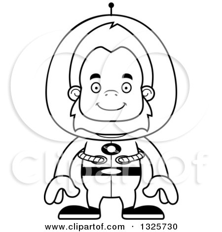 Lineart Clipart of a Cartoon Blcak and White Happy Futuristic Space Bigfoot - Royalty Free Outline Vector Illustration by Cory Thoman