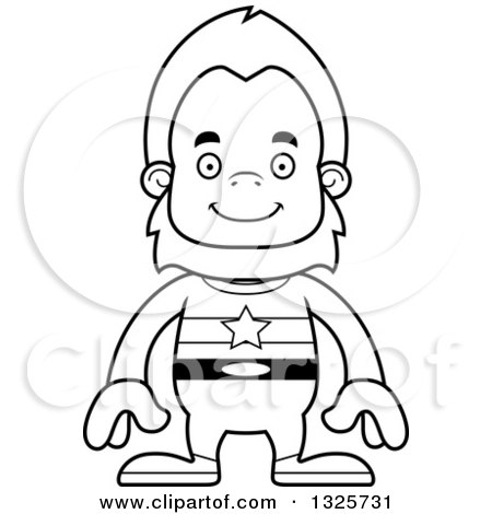 Lineart Clipart of a Cartoon Blcak and White Happy Bigfoot Super Hero - Royalty Free Outline Vector Illustration by Cory Thoman