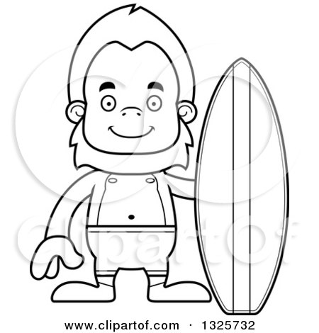 Lineart Clipart of a Cartoon Blcak and White Happy Bigfoot Surfer - Royalty Free Outline Vector Illustration by Cory Thoman