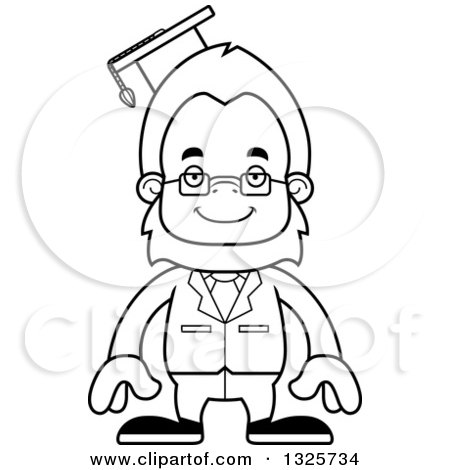 Lineart Clipart of a Cartoon Blcak and White Happy Bigfoot Professor - Royalty Free Outline Vector Illustration by Cory Thoman