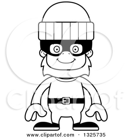 Lineart Clipart of a Cartoon Blcak and White Happy Bigfoot Robber - Royalty Free Outline Vector Illustration by Cory Thoman