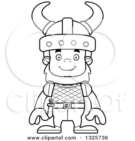 Lineart Clipart of a Cartoon Blcak and White Happy Bigfoot Viking - Royalty Free Outline Vector Illustration by Cory Thoman
