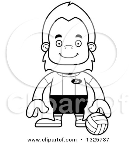 Lineart Clipart of a Cartoon Blcak and White Happy Bigfoot Volleyball Player - Royalty Free Outline Vector Illustration by Cory Thoman