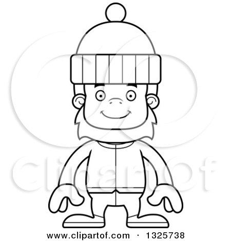 Lineart Clipart of a Cartoon Blcak and White Happy Bigfoot in Winter Clothes - Royalty Free Outline Vector Illustration by Cory Thoman