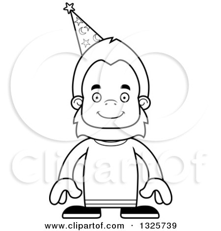 Lineart Clipart of a Cartoon Blcak and White Happy Bigfoot Wizard - Royalty Free Outline Vector Illustration by Cory Thoman