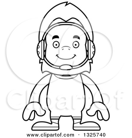 Lineart Clipart of a Cartoon Blcak and White Happy Bigfoot Wrestler - Royalty Free Outline Vector Illustration by Cory Thoman