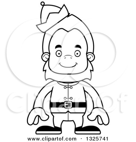 Lineart Clipart of a Cartoon Blcak and White Happy Christmas Elf Bigfoot - Royalty Free Outline Vector Illustration by Cory Thoman
