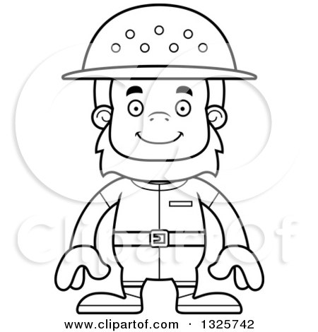 Lineart Clipart of a Cartoon Blcak and White Happy Bigfoot Zookeeper - Royalty Free Outline Vector Illustration by Cory Thoman