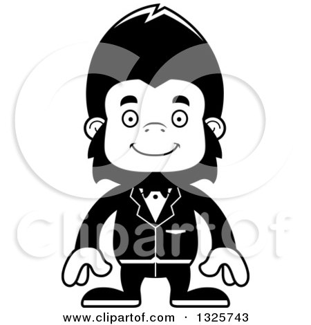 Lineart Clipart of a Cartoon Black and White Happy Gorilla Groom - Royalty Free Outline Vector Illustration by Cory Thoman