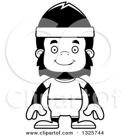 Lineart Clipart of a Cartoon Black and White Happy Fitness Gorilla - Royalty Free Outline Vector Illustration by Cory Thoman