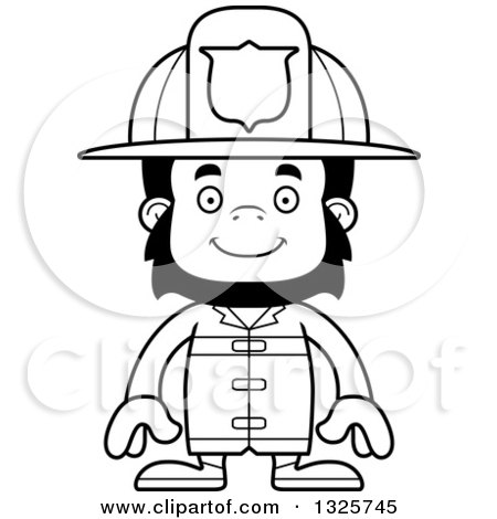 Lineart Clipart of a Cartoon Black and White Happy Gorilla Firefighter - Royalty Free Outline Vector Illustration by Cory Thoman