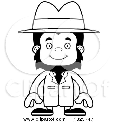 Lineart Clipart of a Cartoon Black and White Happy Gorilla Detective - Royalty Free Outline Vector Illustration by Cory Thoman