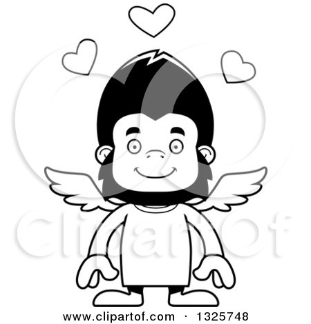 Lineart Clipart of a Cartoon Black and White Happy Gorilla Cupid - Royalty Free Outline Vector Illustration by Cory Thoman