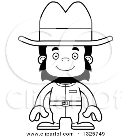 Lineart Clipart of a Cartoon Black and White Happy Gorilla Cowboy - Royalty Free Outline Vector Illustration by Cory Thoman