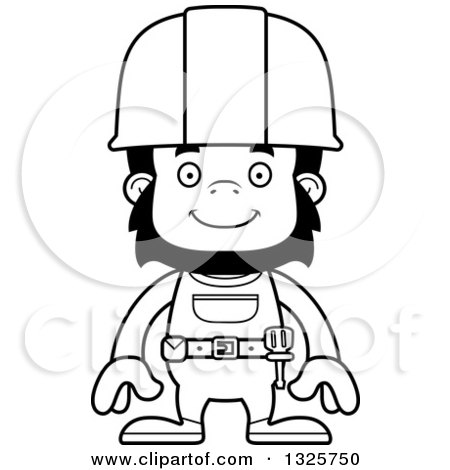 Lineart Clipart of a Cartoon Black and White Happy Gorilla Construction Worker - Royalty Free Outline Vector Illustration by Cory Thoman