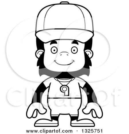 Lineart Clipart of a Cartoon Black and White Happy Gorilla Sports Coach - Royalty Free Outline Vector Illustration by Cory Thoman