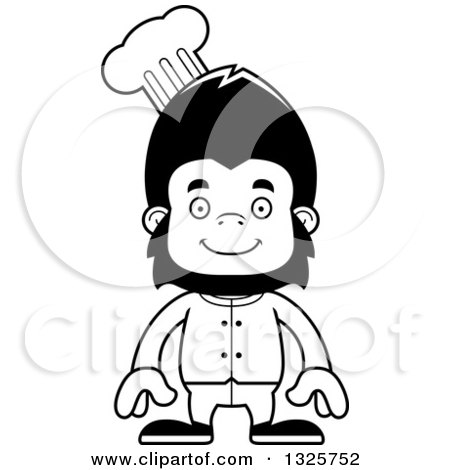 Lineart Clipart of a Cartoon Black and White Happy Gorilla Chef - Royalty Free Outline Vector Illustration by Cory Thoman