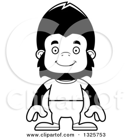 Lineart Clipart of a Cartoon Black and White Happy Casual Gorilla - Royalty Free Outline Vector Illustration by Cory Thoman