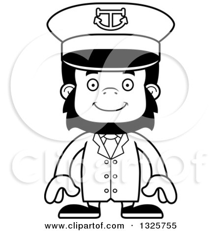 Lineart Clipart of a Cartoon Black and White Happy Gorilla Captain - Royalty Free Outline Vector Illustration by Cory Thoman