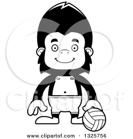 Lineart Clipart of a Cartoon Black and White Happy Gorilla Beach Volleyball Player - Royalty Free Outline Vector Illustration by Cory Thoman