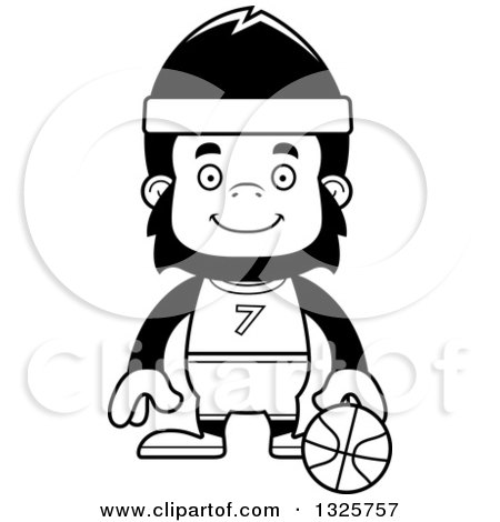 Lineart Clipart of a Cartoon Black and White Happy Gorilla Basketball Player - Royalty Free Outline Vector Illustration by Cory Thoman