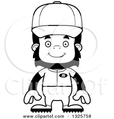 Lineart Clipart of a Cartoon Black and White Happy Gorilla Baseball Player - Royalty Free Outline Vector Illustration by Cory Thoman