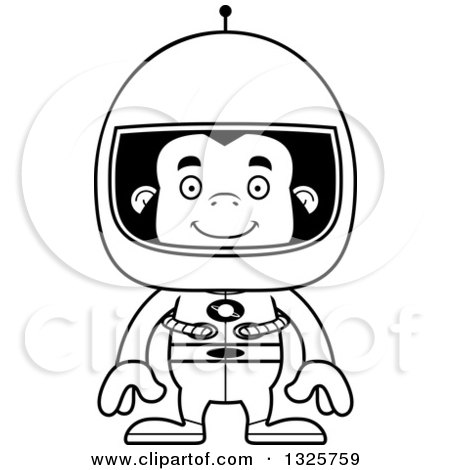 Lineart Clipart of a Cartoon Black and White Happy Gorilla Astronaut - Royalty Free Outline Vector Illustration by Cory Thoman