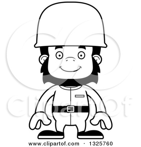 Lineart Clipart of a Cartoon Black and White Happy Gorilla Soldier - Royalty Free Outline Vector Illustration by Cory Thoman
