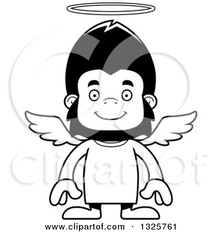 Lineart Clipart of a Cartoon Black and White Happy Gorilla Angel - Royalty Free Outline Vector Illustration by Cory Thoman
