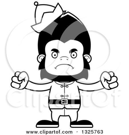 Lineart Clipart of a Cartoon Black and White Mad Gorilla Christmas Elf - Royalty Free Outline Vector Illustration by Cory Thoman