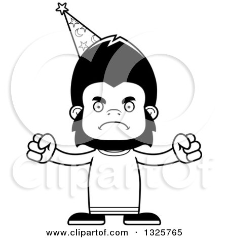 Lineart Clipart of a Cartoon Black and White Mad Gorilla Wizard - Royalty Free Outline Vector Illustration by Cory Thoman