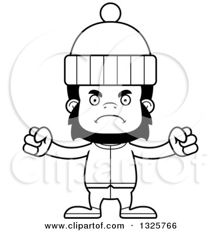 Lineart Clipart of a Cartoon Black and White Mad Gorilla in Winter Clothes - Royalty Free Outline Vector Illustration by Cory Thoman