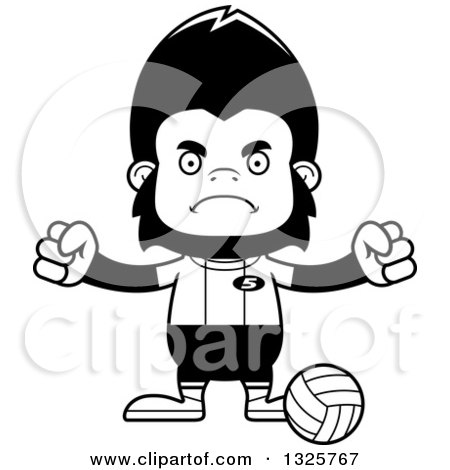 Lineart Clipart of a Cartoon Black and White Mad Gorilla Volleyball Player - Royalty Free Outline Vector Illustration by Cory Thoman