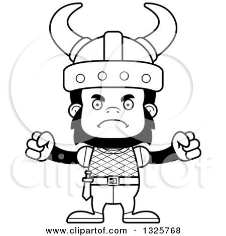 Lineart Clipart of a Cartoon Black and White Mad Gorilla Viking - Royalty Free Outline Vector Illustration by Cory Thoman