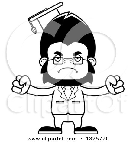 Lineart Clipart of a Cartoon Black and White Mad Gorilla Professor - Royalty Free Outline Vector Illustration by Cory Thoman