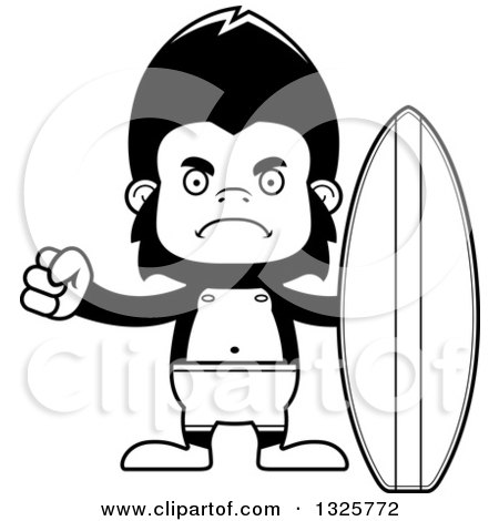 Lineart Clipart of a Cartoon Black and White Mad Gorilla Surfer - Royalty Free Outline Vector Illustration by Cory Thoman
