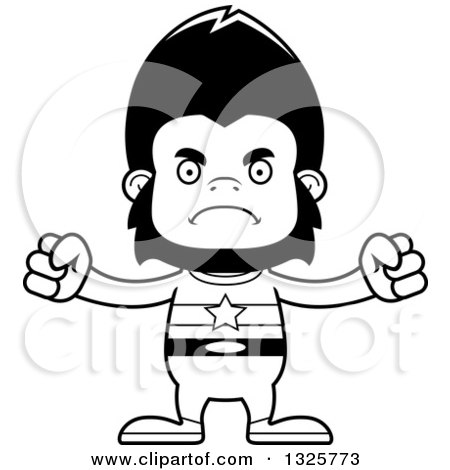 Lineart Clipart of a Cartoon Black and White Mad Gorilla Super Hero - Royalty Free Outline Vector Illustration by Cory Thoman