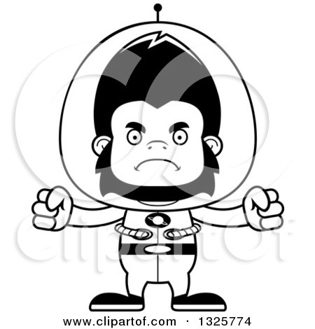Lineart Clipart of a Cartoon Black and White Mad Futuristic Space Gorilla - Royalty Free Outline Vector Illustration by Cory Thoman