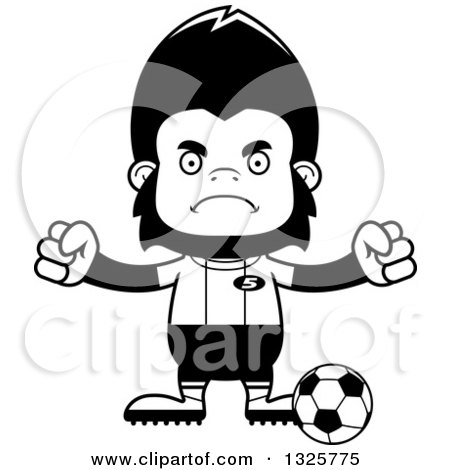 Lineart Clipart of a Cartoon Black and White Mad Gorilla Soccer Player - Royalty Free Outline Vector Illustration by Cory Thoman