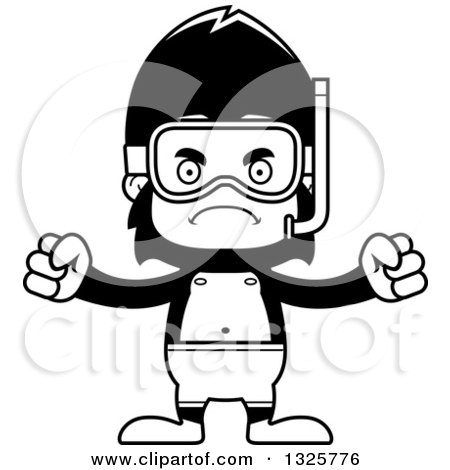 Lineart Clipart of a Cartoon Black and White Mad Gorilla in Snorkel Gear - Royalty Free Outline Vector Illustration by Cory Thoman